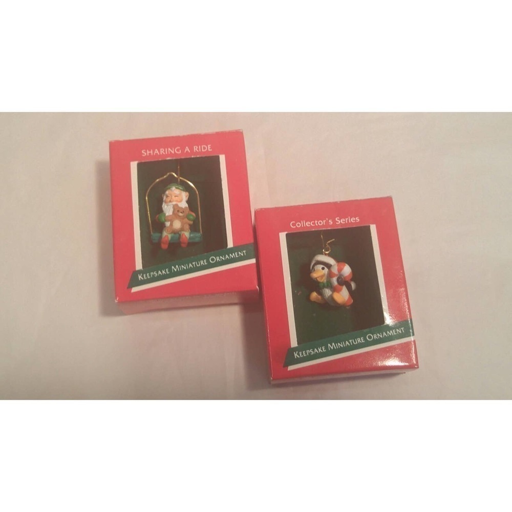 Hallmark Miniature Ornaments PENGUIN PAL and Sharing A Ride Both 1989 Vtg